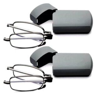 2 Pair Compact Folding Black and Gunmetal Readers Unisex Glasses